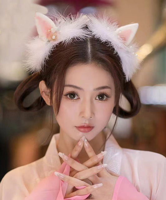 Cute Watery Red Alloy Pearl Colored Glaze Cat's Ears Feather Hairpin And Ribbon Two-Piece Set