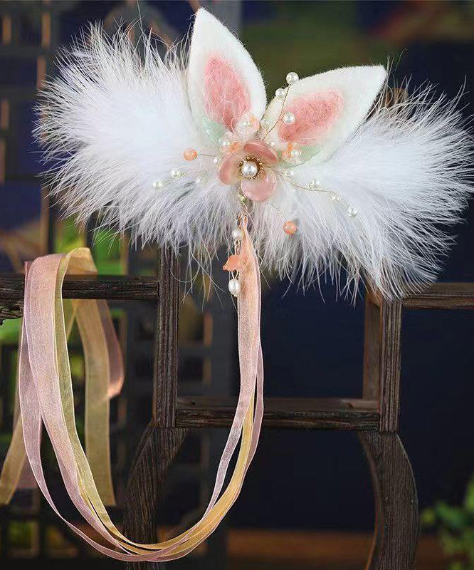 Cute Watery Red Alloy Pearl Colored Glaze Cat's Ears Feather Hairpin And Ribbon Two-Piece Set