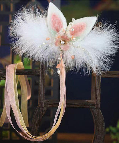 Cute Watery Red Alloy Pearl Colored Glaze Cat's Ears Feather Hairpin And Ribbon Two-Piece Set