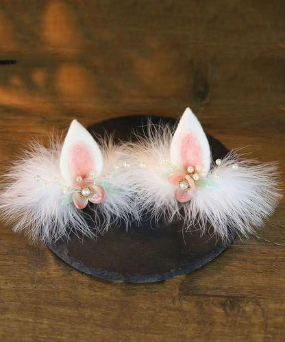 Cute Watery Red Alloy Pearl Colored Glaze Cat's Ears Feather Hairpin And Ribbon Two-Piece Set
