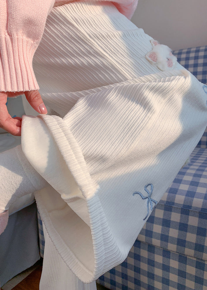 Cute White Cat Decorated Embroidered Warm Fleece Pants Winter