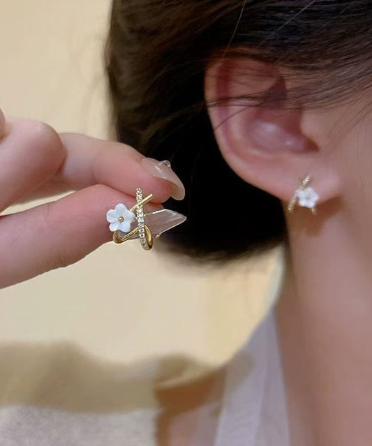 Cute White Copper Ovegild Zircon Cross Floral Stud Earrings