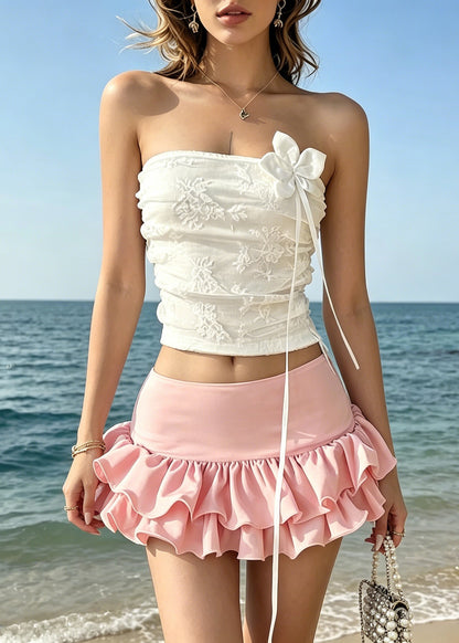 Cute White Floral Vest And Skirts Two Piece Set Sleeveless