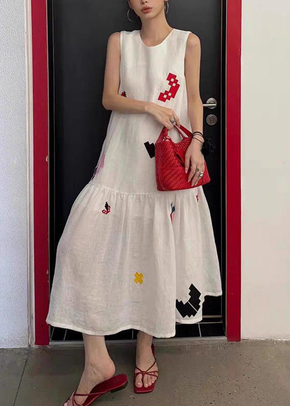 Cute White O-Neck Print Long Dress Sleeveless