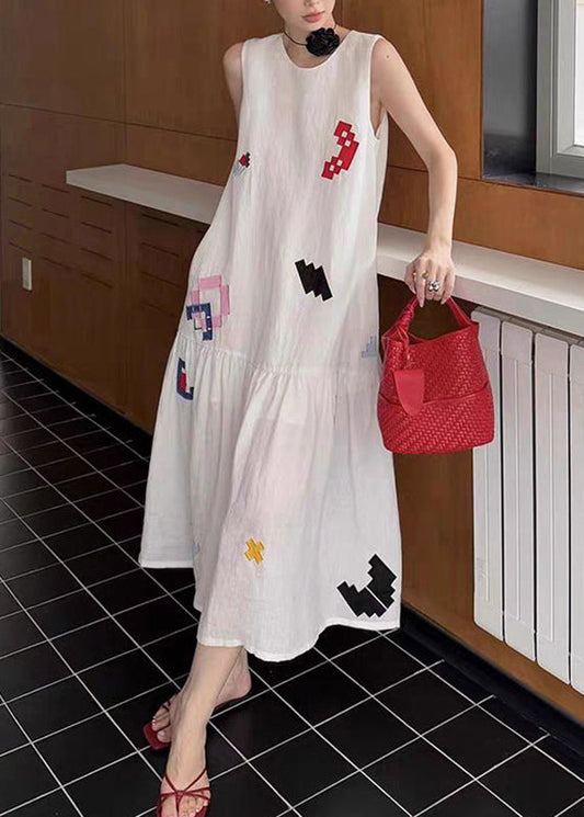 Cute White O-Neck Print Long Dress Sleeveless