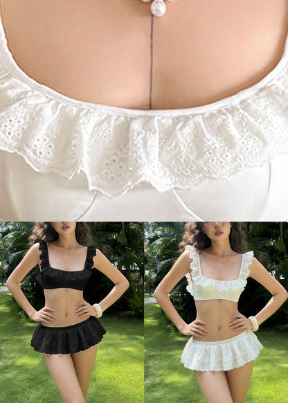 Cute White Patchwork Ruffled Swimwear Lingerie Set