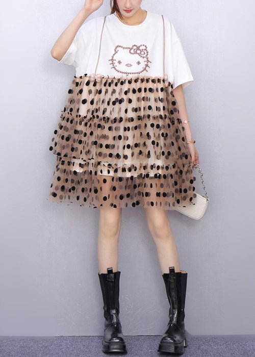 Cute White Ruffled Dot Patchwork Cotton Mid Dress Summer