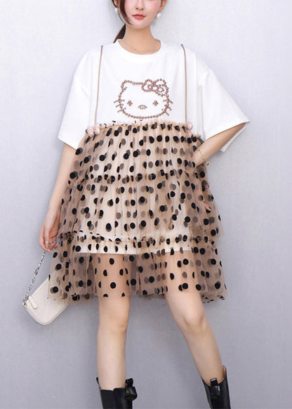 Cute White Ruffled Dot Patchwork Cotton Mid Dress Summer