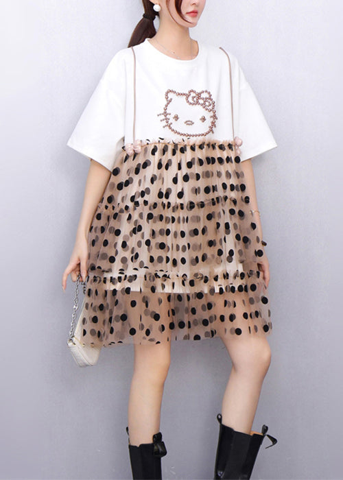 Cute White Ruffled Dot Patchwork Cotton Mid Dress Summer