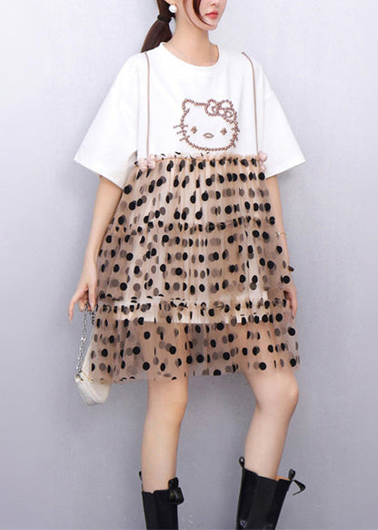 Cute White Ruffled Dot Patchwork Cotton Mid Dress Summer