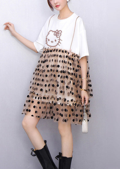 Cute White Ruffled Dot Patchwork Cotton Mid Dress Summer