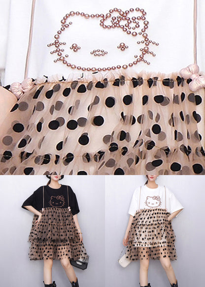 Cute White Ruffled Dot Patchwork Cotton Mid Dress Summer