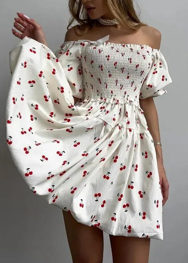 Cute White Ruffled Print Mini Dress Puff Sleeve