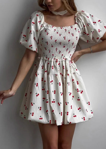 Cute White Ruffled Print Mini Dress Puff Sleeve