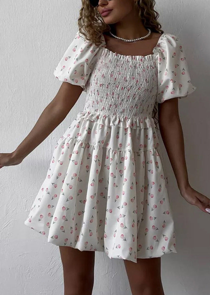 Cute White Ruffled Print Mini Dress Puff Sleeve