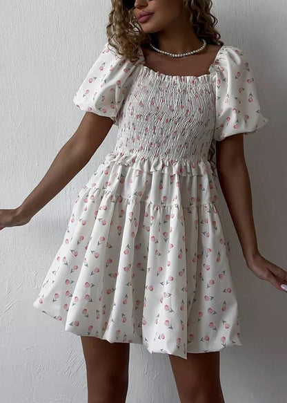 Cute White Ruffled Print Mini Dress Puff Sleeve
