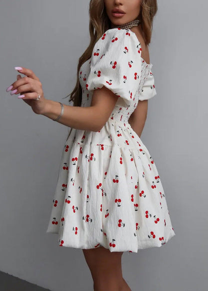 Cute White Ruffled Print Mini Dress Puff Sleeve