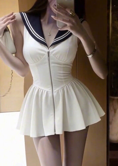 Cute White Sailor Collar Vacation Mid A Line Dress Sleeveless