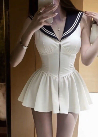 Cute White Sailor Collar Vacation Mid A Line Dress Sleeveless