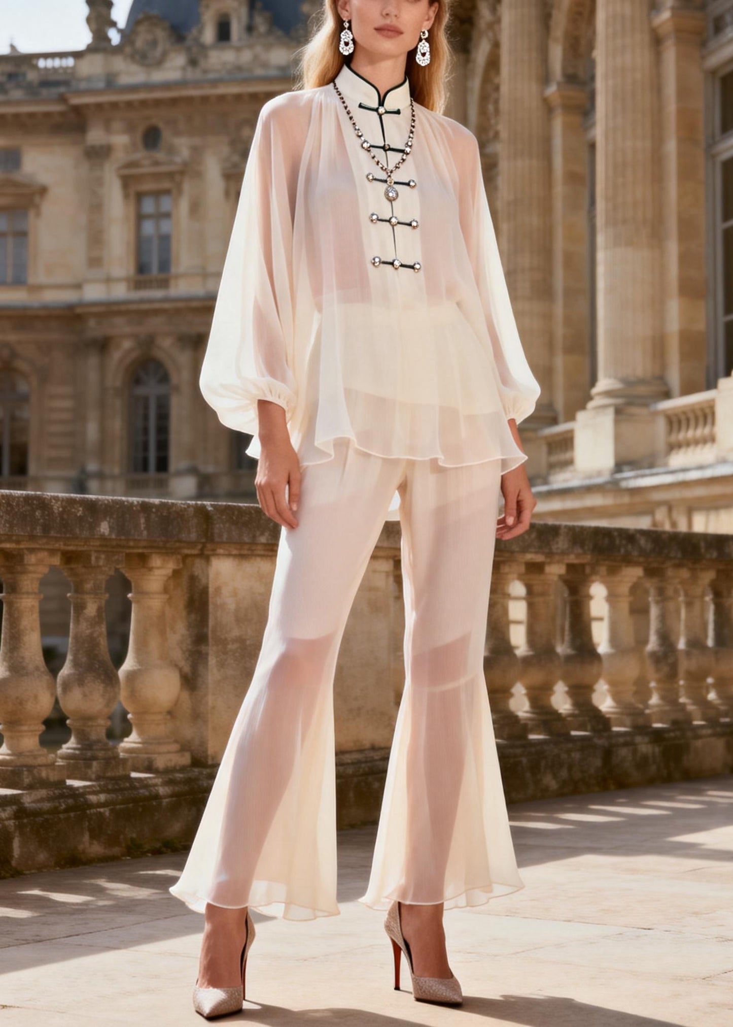 Cute White Stand Collar Chiffon Shirts And Flared Trousers Two Pieces Set Lantern Sleeve