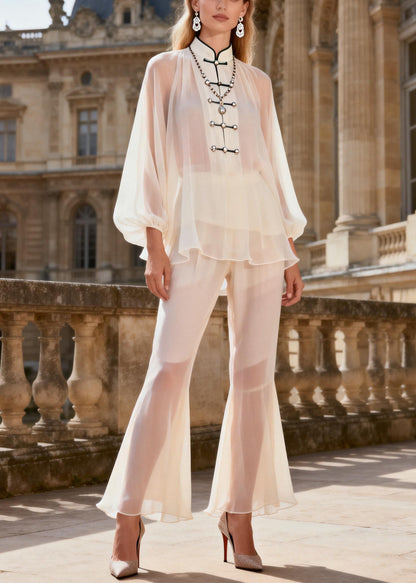 Cute White Stand Collar Chiffon Shirts And Flared Trousers Two Pieces Set Lantern Sleeve