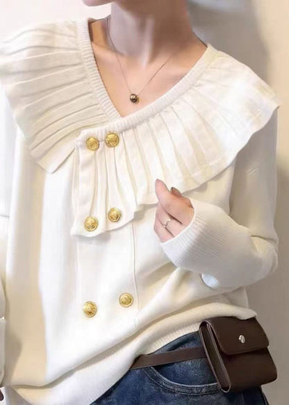 Cute White V Neck Cotton Knit Sweater Spring