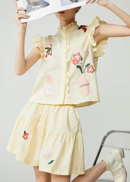 Cute Yellow Embroidered Top And Skirts Two Pieces Set Sleeveless