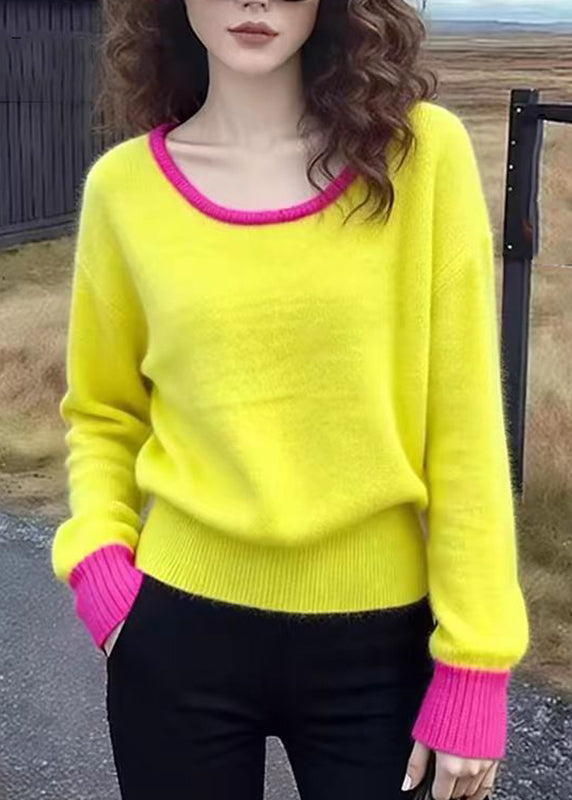 Cute Yellow O-Neck Patchwork Cotton Knit Sweater Spring