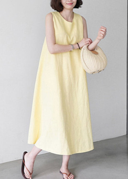 Cute Yellow O-Neck Solid Long Slip Dresses Summer