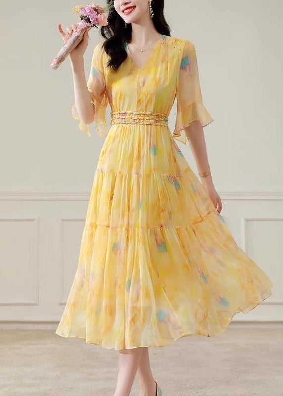 Cute Yellow Patchwork Silk Long Dress Summer