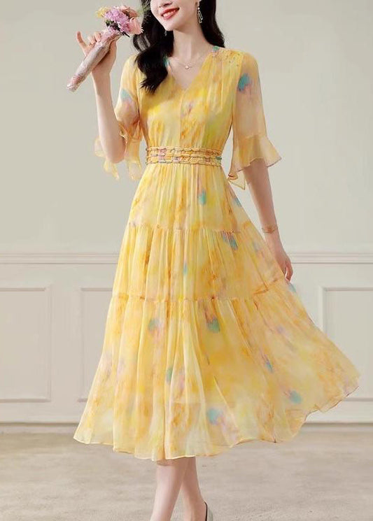 Cute Yellow Patchwork Silk Long Dress Summer