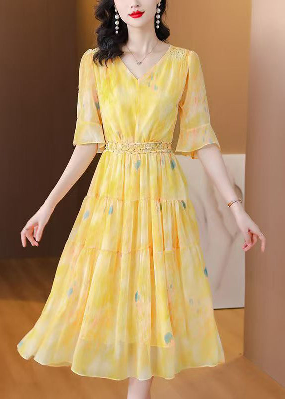 Cute Yellow Patchwork Silk Long Dress Summer