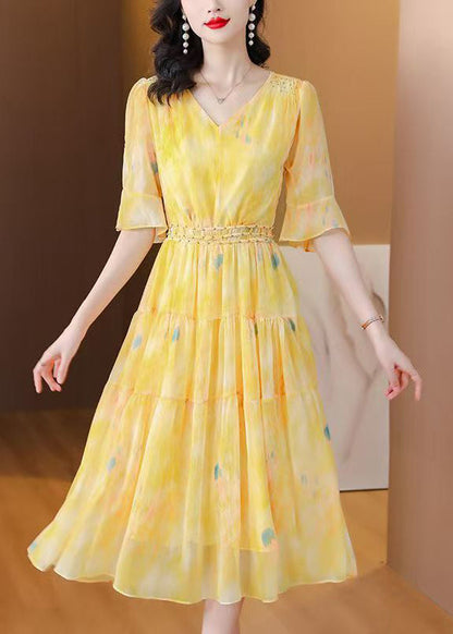 Cute Yellow Patchwork Silk Long Dress Summer