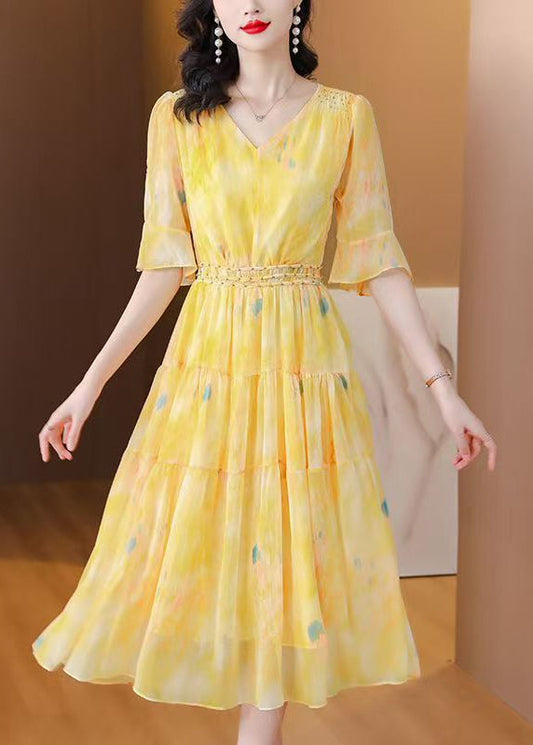 Cute Yellow Patchwork Silk Long Dress Summer