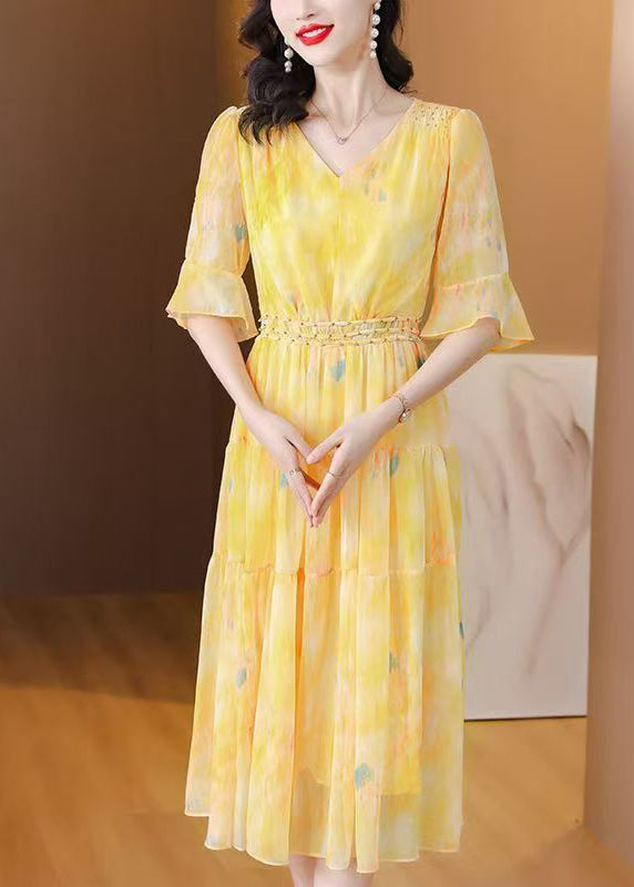 Cute Yellow Patchwork Silk Long Dress Summer
