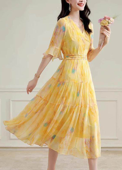 Cute Yellow Patchwork Silk Long Dress Summer