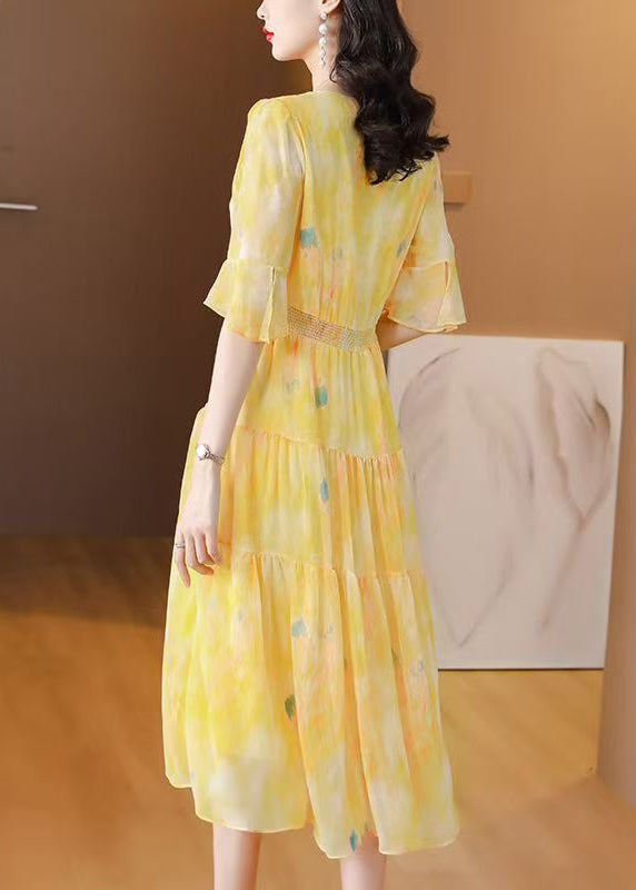Cute Yellow Patchwork Silk Long Dress Summer