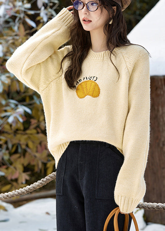 Cute Yellow Print Thick Cotton Knit Sweaters Long Sleeve