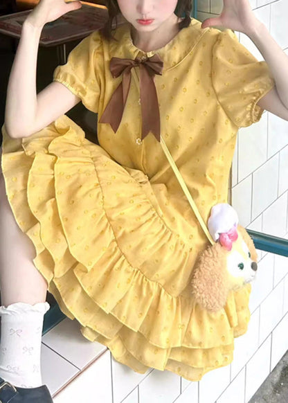 Cute Yellow Ruffled Patchwork Cotton Mid Dresses Summer