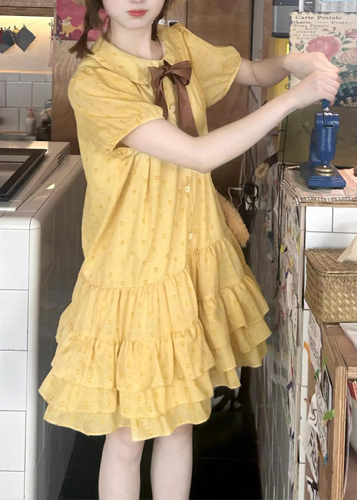 Cute Yellow Ruffled Patchwork Cotton Mid Dresses Summer