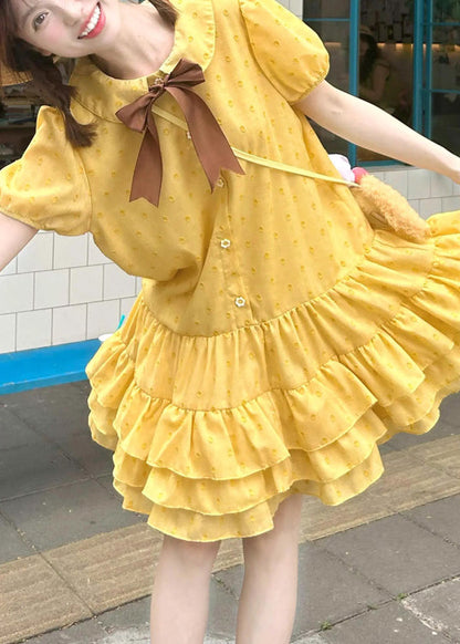 Cute Yellow Ruffled Patchwork Cotton Mid Dresses Summer