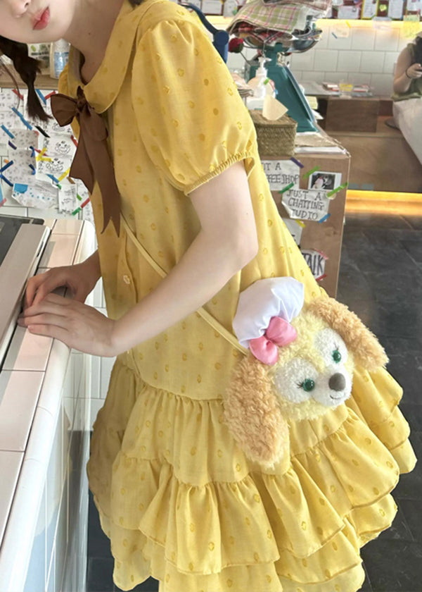 Cute Yellow Ruffled Patchwork Cotton Mid Dresses Summer