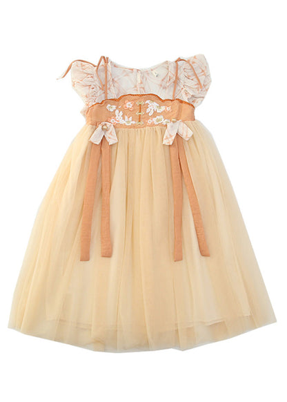 Cute Yellow Slash Neck Embroideried Patchwork Tulle Kids Long Dress Summer