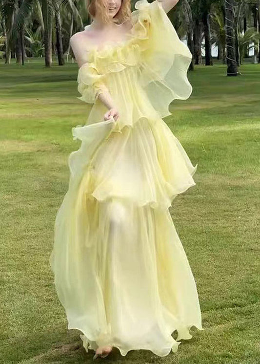 Cute Yellow Slash Neck Ruffled Patchwork Tulle Maxi Dress Sleeveless