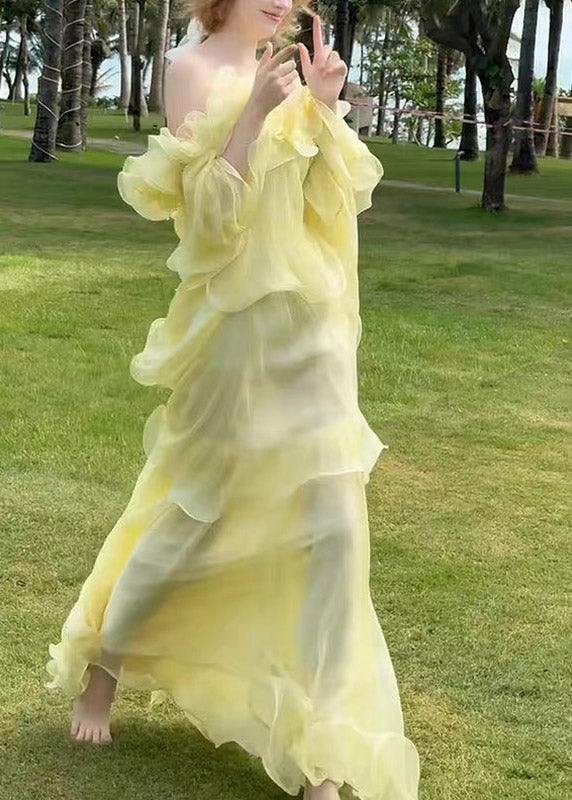 Cute Yellow Slash Neck Ruffled Patchwork Tulle Maxi Dress Sleeveless