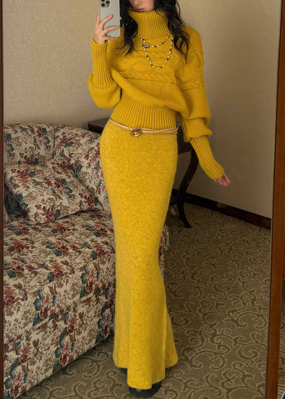 Cute Yellow Turtleneck Patchwork Cotton Knit Sweater And Maxi Skirts Two Piece Set Spring