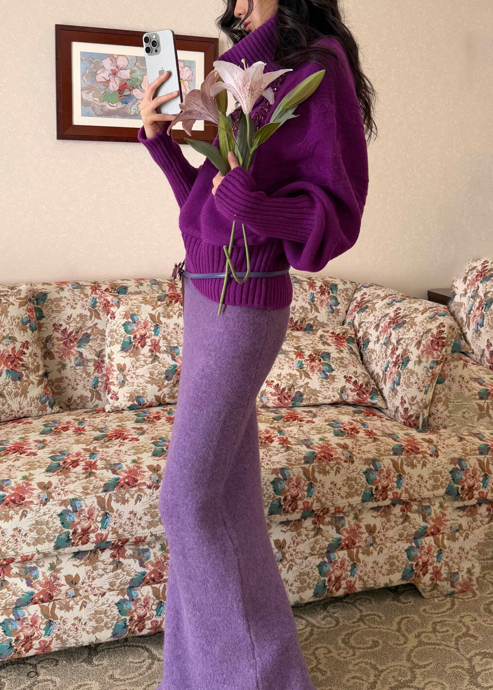 Cute Yellow Turtleneck Patchwork Cotton Knit Sweater And Maxi Skirts Two Piece Set Spring