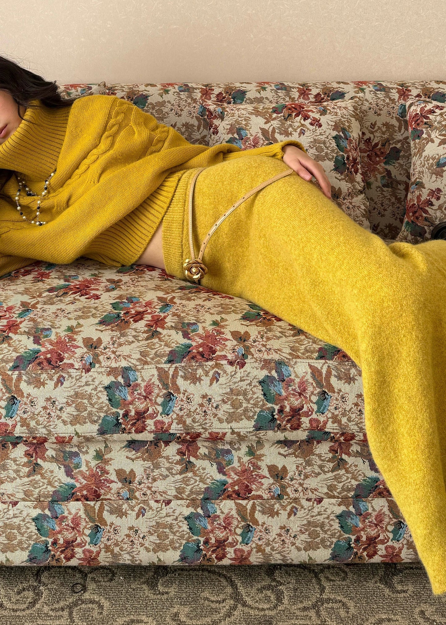 Cute Yellow Turtleneck Patchwork Cotton Knit Sweater And Maxi Skirts Two Piece Set Spring