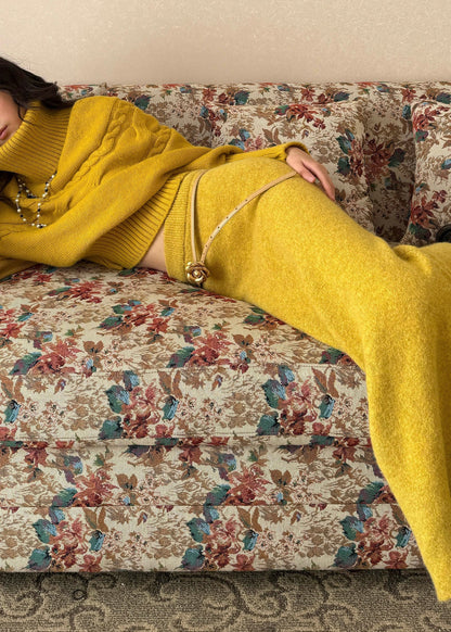 Cute Yellow Turtleneck Patchwork Cotton Knit Sweater And Maxi Skirts Two Piece Set Spring