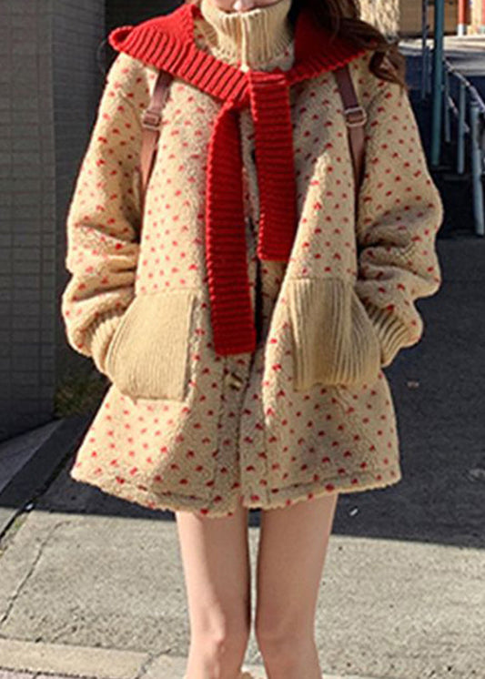 Cute Yellow Turtleneck Pockets Zippered Faux Fur Coats Lantern Sleeve